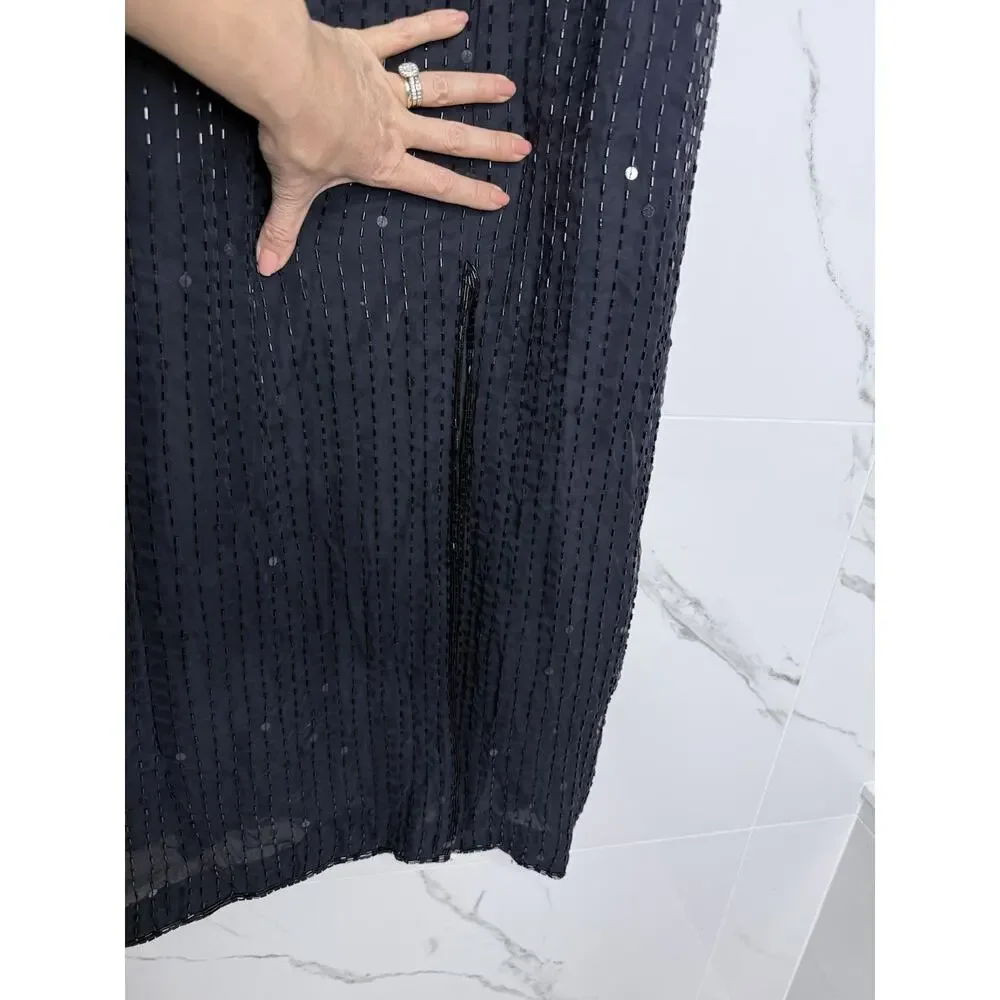 Beaded Silk Laurence Kazar Evening Gown Large VTG Dress Black White Regal Art - Picture 6 of 16